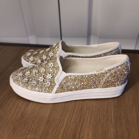 Kate Spade Glitter Double Decker Platform Gold Daisy Sneakers Size 8 NEW - Picture 2 of 9